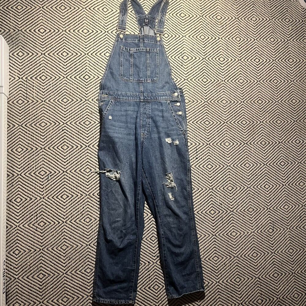 Gap Women's Slouchy Denim Distressed Medium Blue Sz M Jean Overalls cottagecore